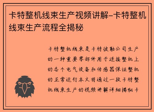 卡特整机线束生产视频讲解-卡特整机线束生产流程全揭秘